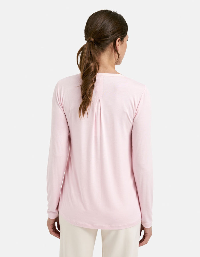 powder pink chiffon blouse with v-neckline and full length sleeves