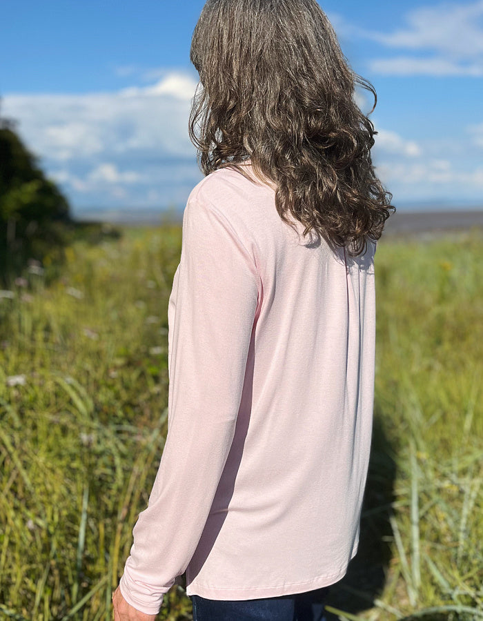 powder pink chiffon blouse with v-neckline and full length sleeves