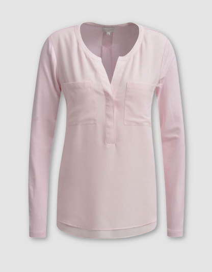 powder pink chiffon blouse with v-neckline and full length sleeves