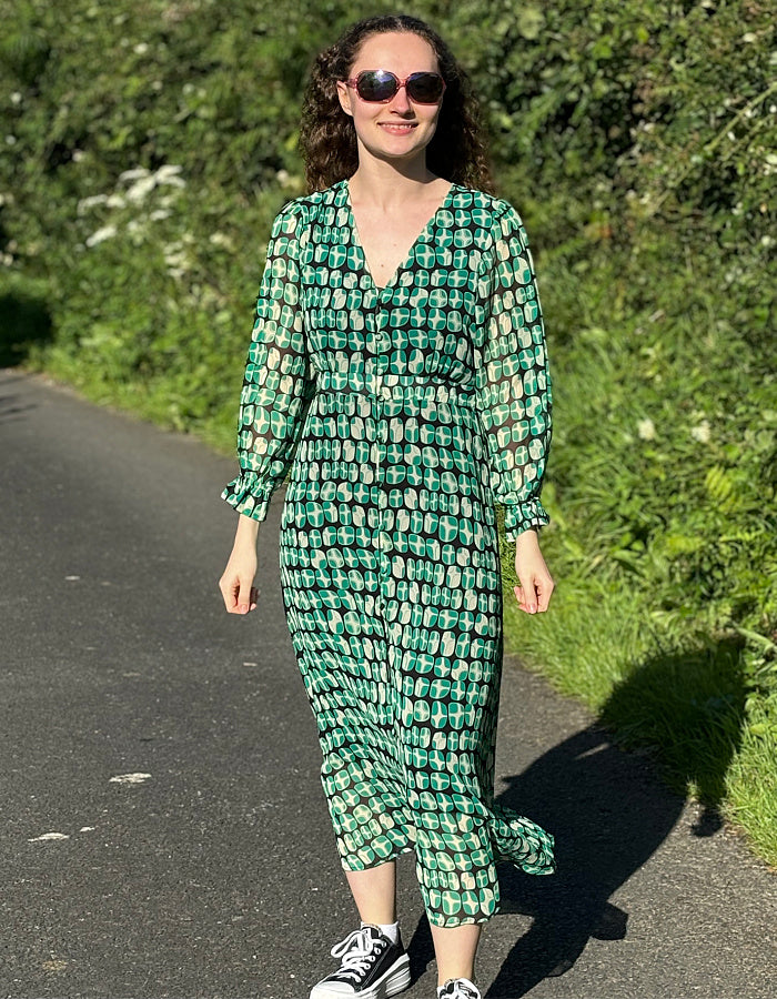 green geometric print midi dress