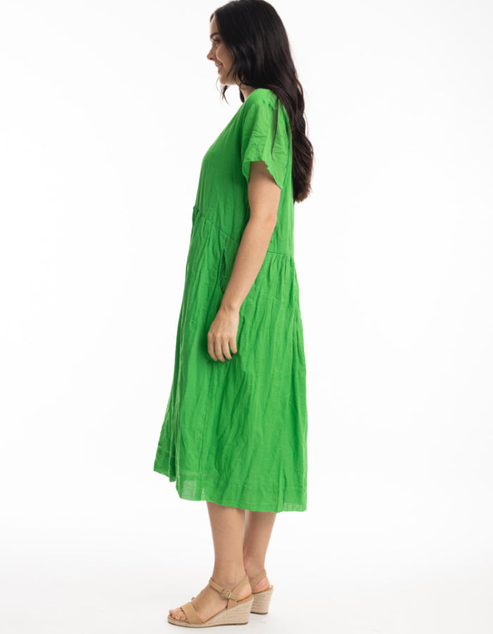 green cotton gauze midi length sun Dress with v neckline and short sleeves