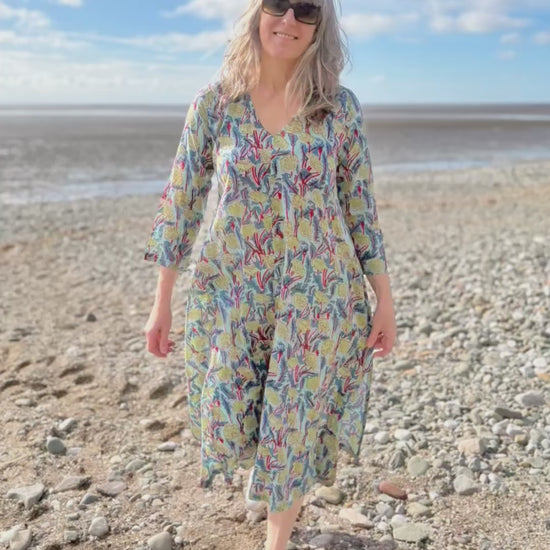 cotton kaftan dress with long sleeves and side splits in handblocked print
