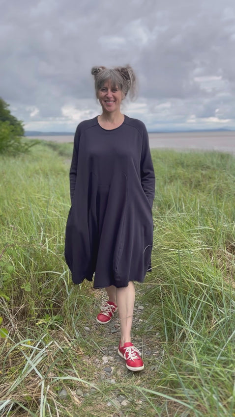 one size midnight navy cotton jersey swing dress with full length sleeves and godet panels in the skirt
