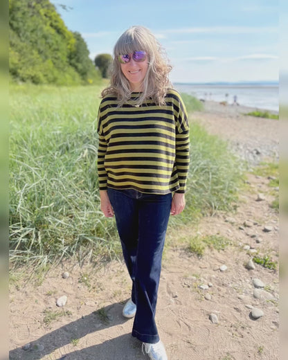 Neirami Boxy Knit in Olive and Charcoal Stripe