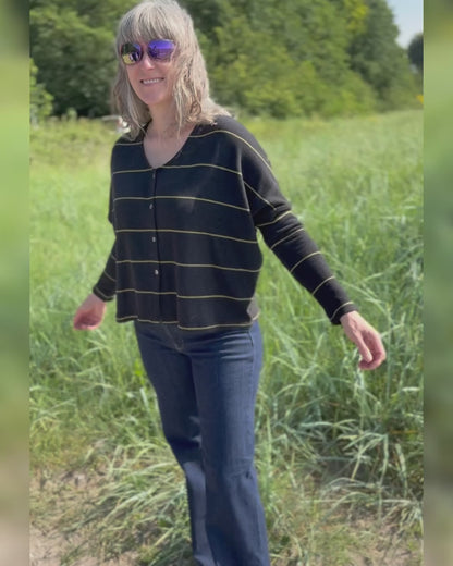 Neirami Boxy Cardigan in Olive Pinstripe