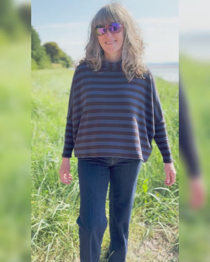 Neirami Boxy Turtle Neck in Navy Charcoal Stripe
