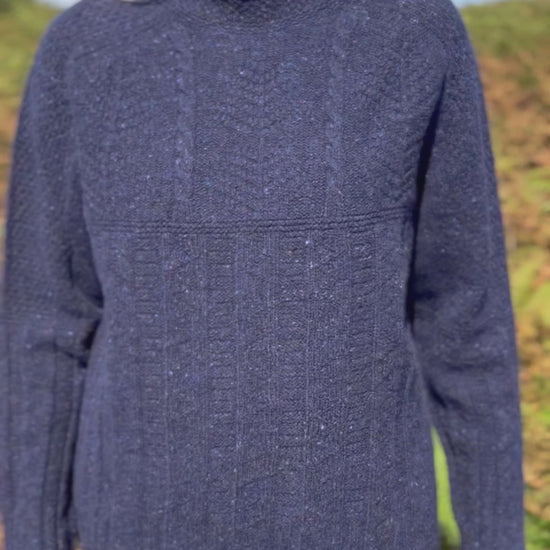navy donegal tweed sweater with cables