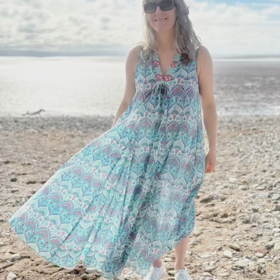 maxi sleeveless cotton kaftan dress with Indian hand block print in aqua turquoise white and red