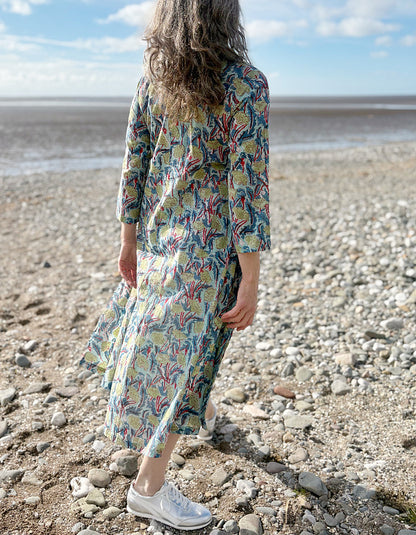 cotton kaftan dress with long sleeves and side splits in handblocked print