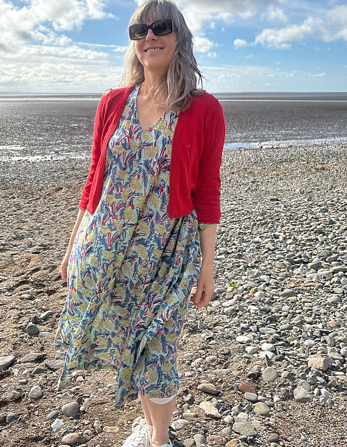 cotton kaftan dress with long sleeves and side splits in handblocked print