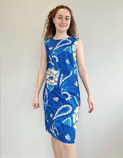 cobalt blue floral shift dress knee length and fitted