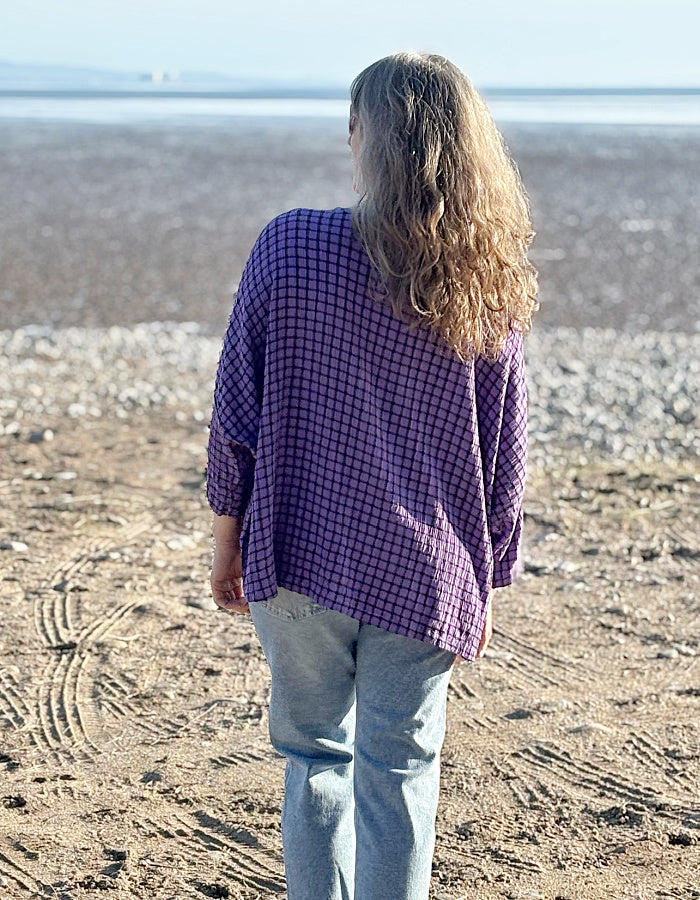 one size, oversized viscose blend summer top in purple with black check print