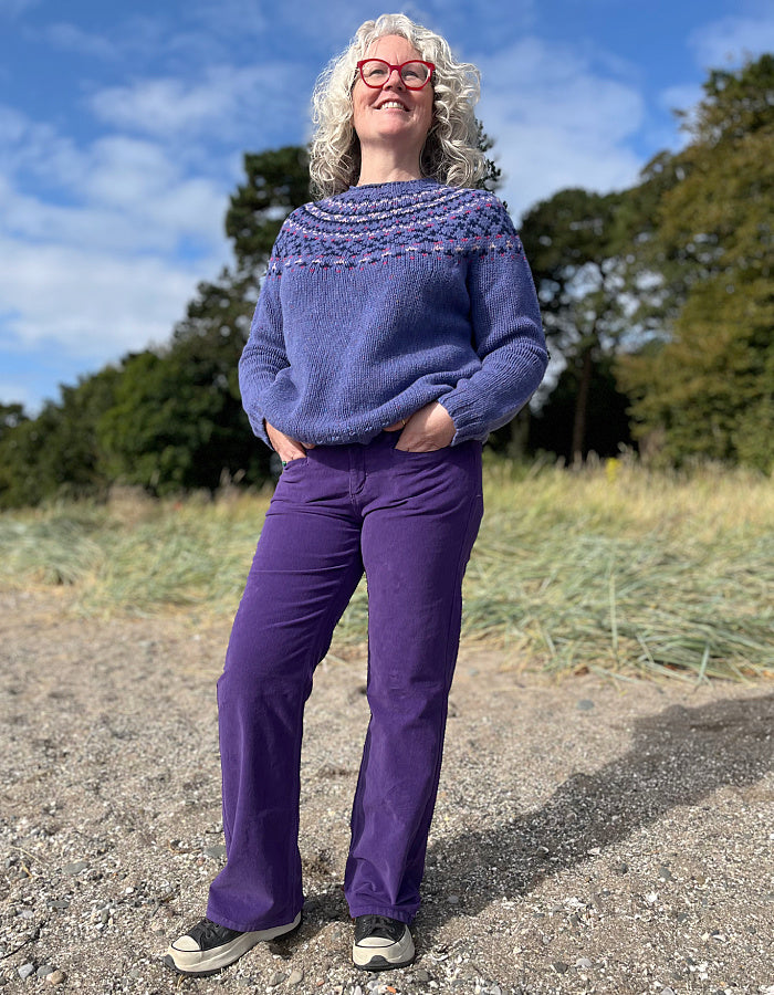 straight leg purple needlecord trousers