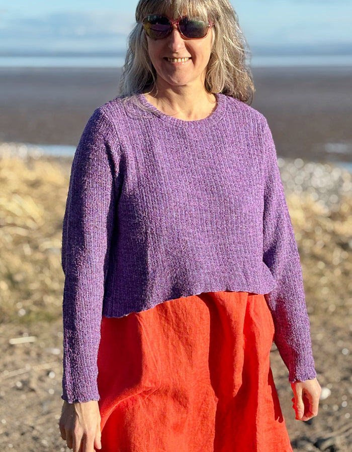 cropped summer sweater with long sleeves in purple cotton