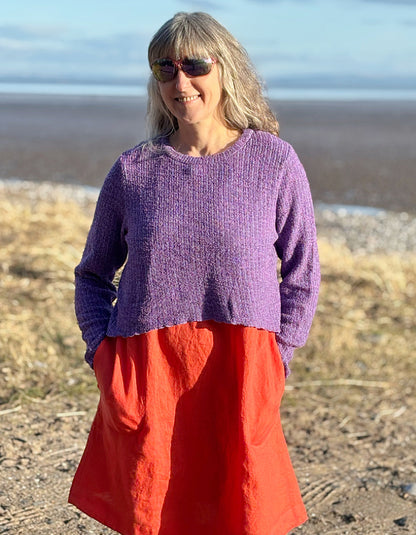 cropped summer sweater with long sleeves in purple cotton