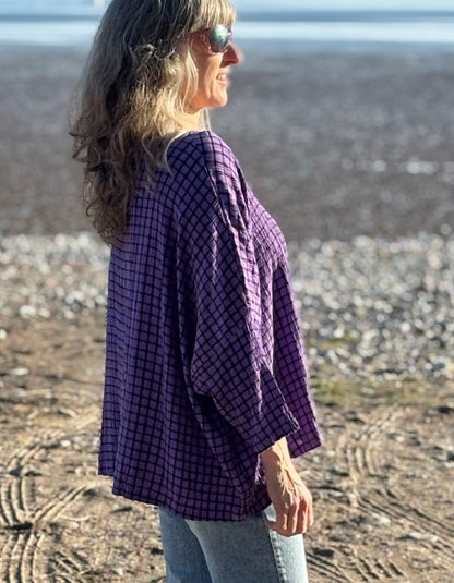 one size, oversized viscose blend summer top in purple with black check print