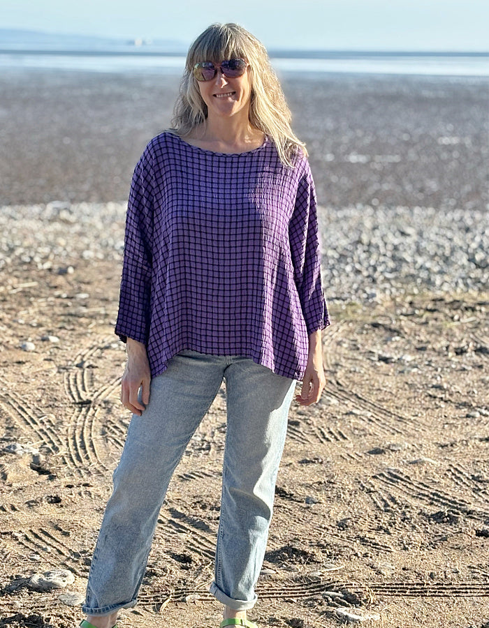 one size, oversized viscose blend summer top in purple with black check print
