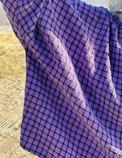 one size, oversized viscose blend summer top in purple with black check print
