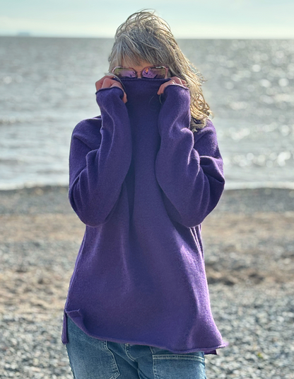 purple merino lambswool raglan smock shaped jumper with roll over turtle neckline and rolled cuffs and hem. loose fit, easy style