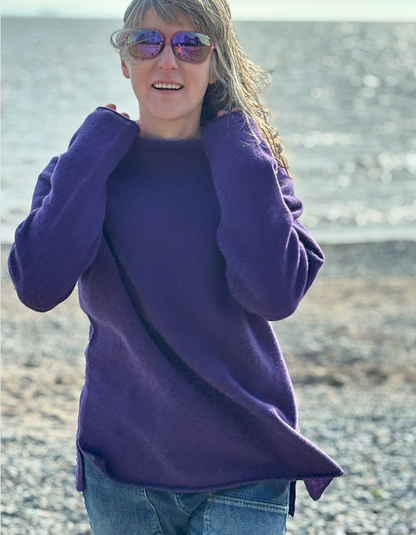 purple merino lambswool raglan smock shaped jumper with roll over turtle neckline and rolled cuffs and hem. loose fit, easy style