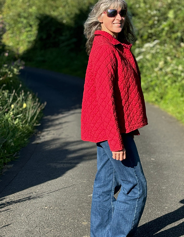 quilted shirt jacket in bright shade of red