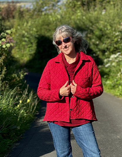 quilted shirt jacket in bright shade of red