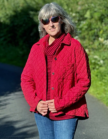 quilted shirt jacket in bright shade of red