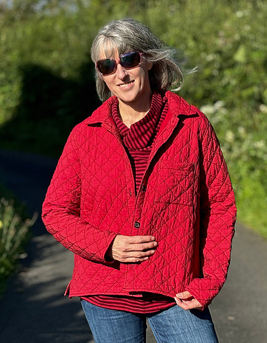 quilted shirt jacket in bright shade of red