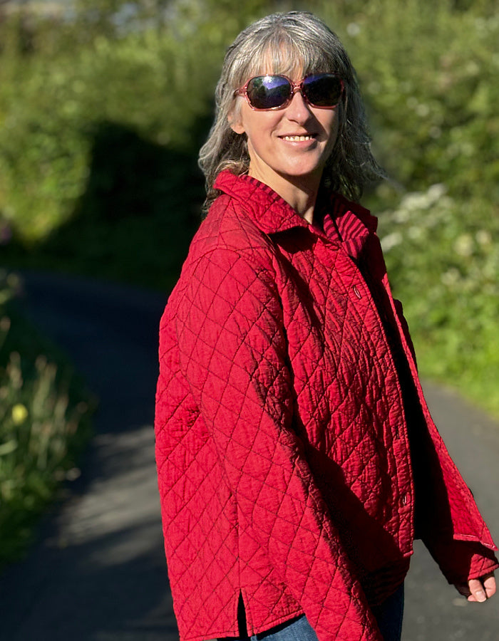 quilted shirt jacket in bright shade of red