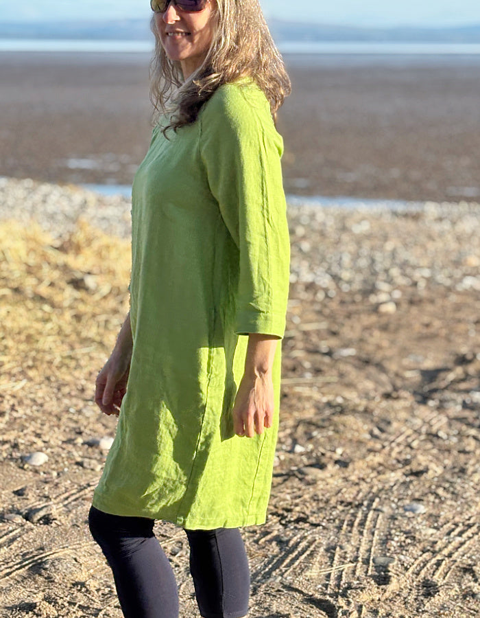 lime green linen tunic dress with 3/4 sleeves and pockets