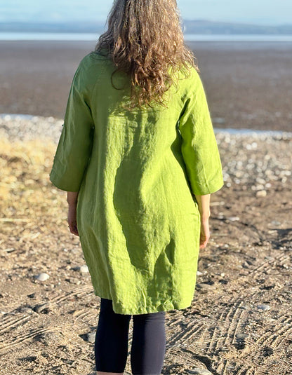 lime green linen tunic dress with 3/4 sleeves and pockets