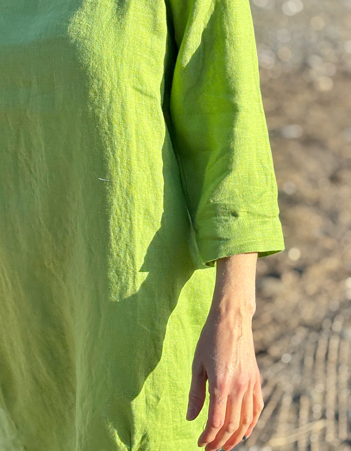 lime green linen tunic dress with 3/4 sleeves and pockets