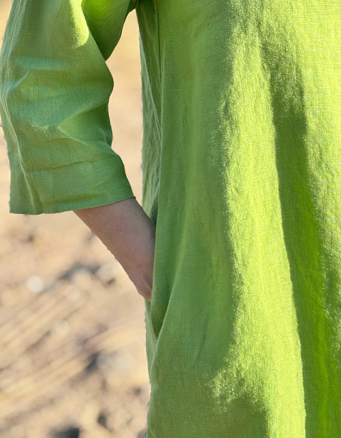 lime green linen tunic dress with 3/4 sleeves and pockets