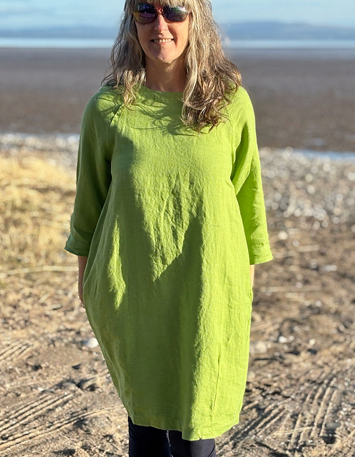 lime green linen tunic dress with 3/4 sleeves and pockets