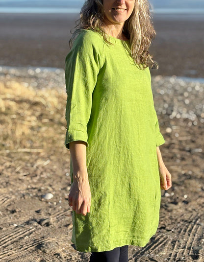 lime green linen tunic dress with 3/4 sleeves and pockets