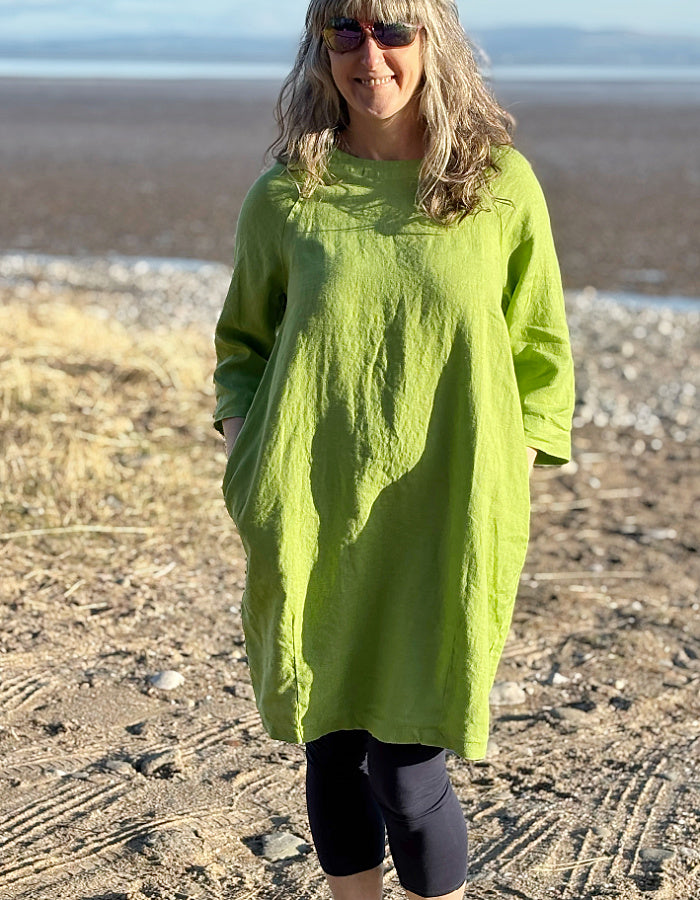 lime green linen tunic dress with 3/4 sleeves and pockets