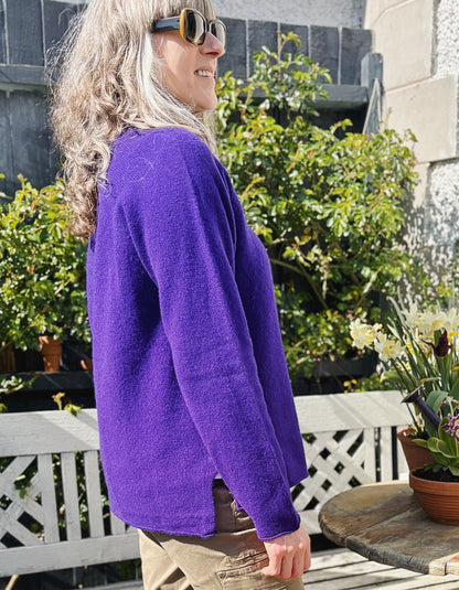 dark purple lambswool,long sweater with raglan sleeves and mock turtle neck. made in Scotland
