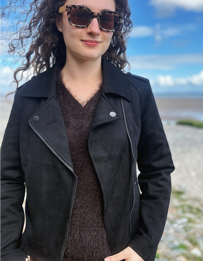 aviator style vegan suede black jacket