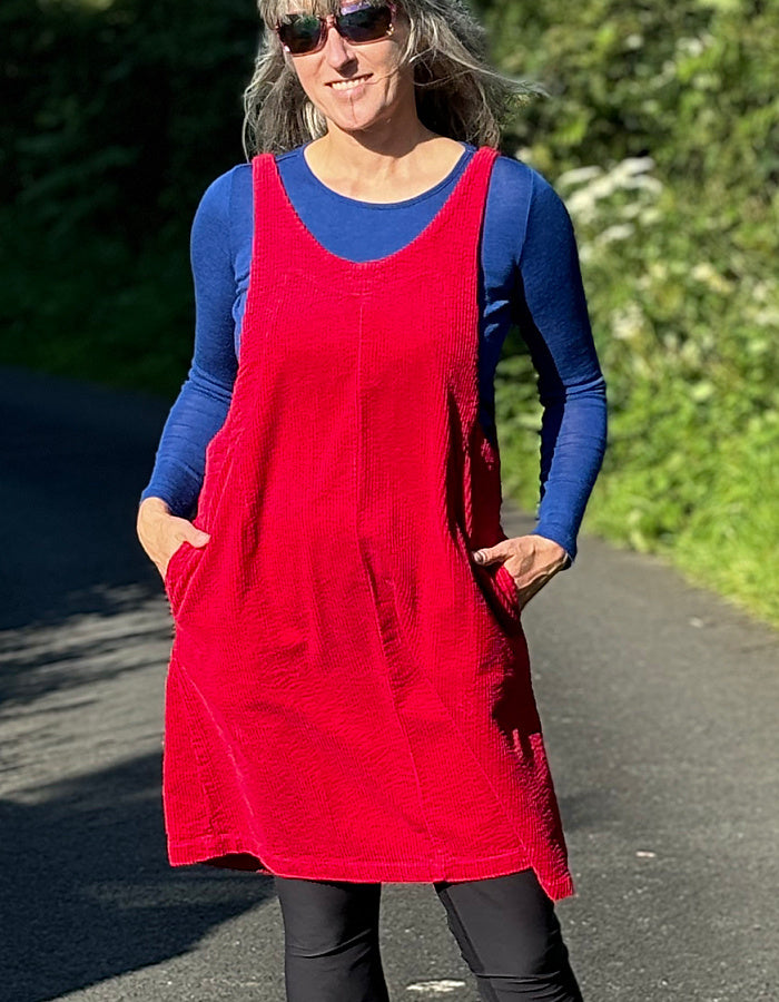 red jumbo cord pinafore dress