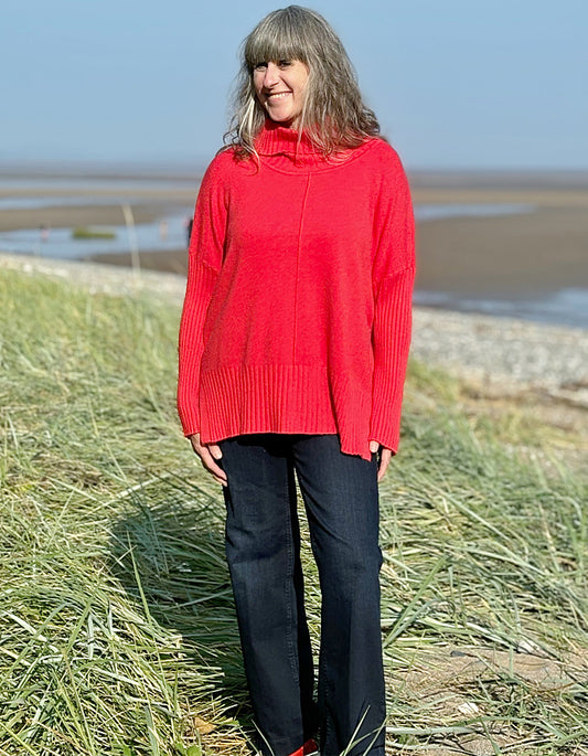 red wool free swing sweater with cowl neckline