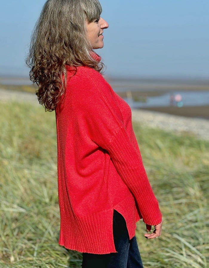 red wool free swing sweater with cowl neckline