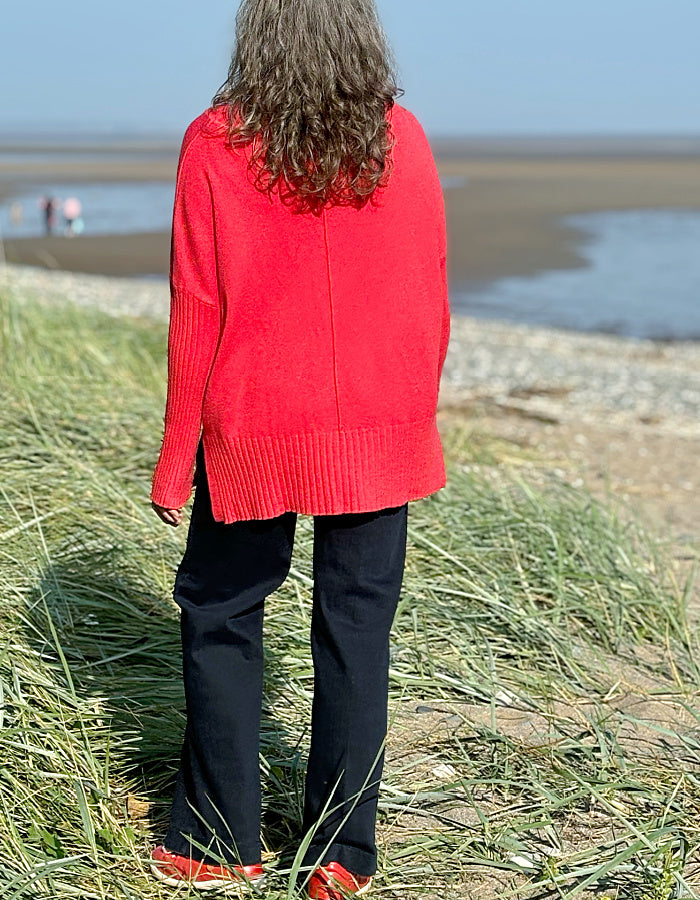 red wool free swing sweater with cowl neckline