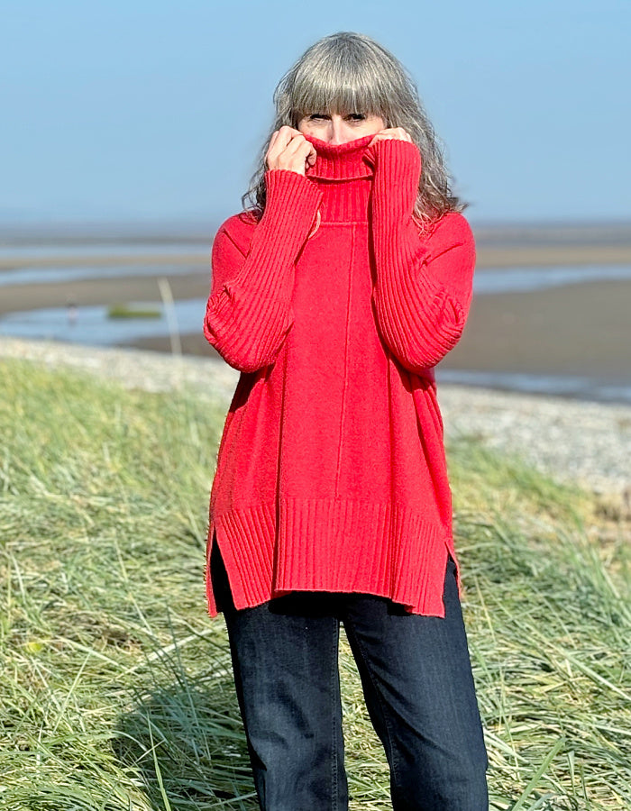 red wool free swing sweater with cowl neckline