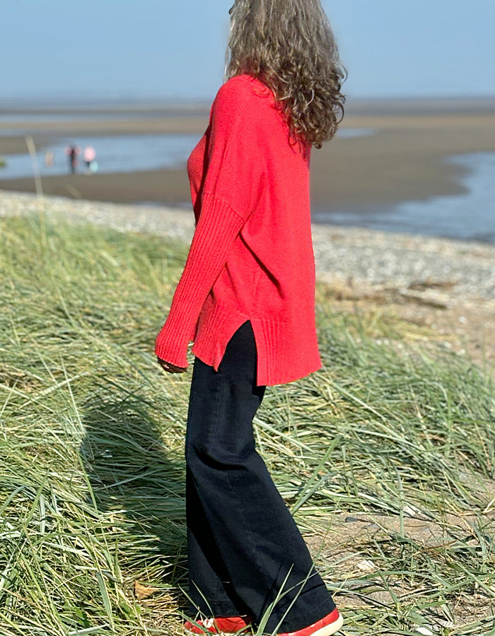 red wool free swing sweater with cowl neckline