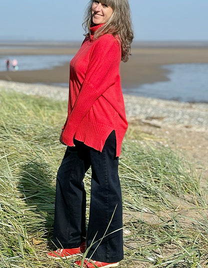 red wool free swing sweater with cowl neckline