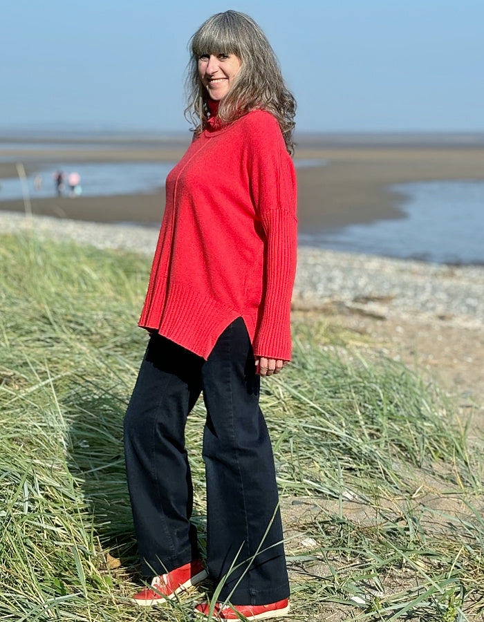 red wool free swing sweater with cowl neckline