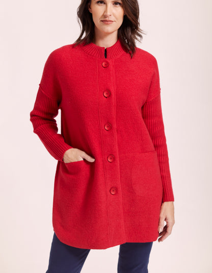 See Saw Ribbed Sleeve Coat in Red