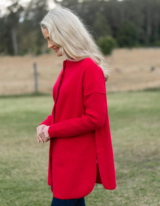 See Saw Ribbed Sleeve Coat in Red