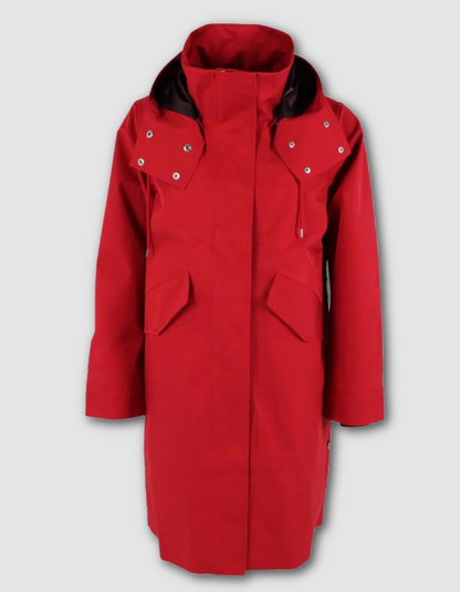 A bright red hooded parka coat with silver snap details on the shoulders and front pockets, shown against a light gray background.