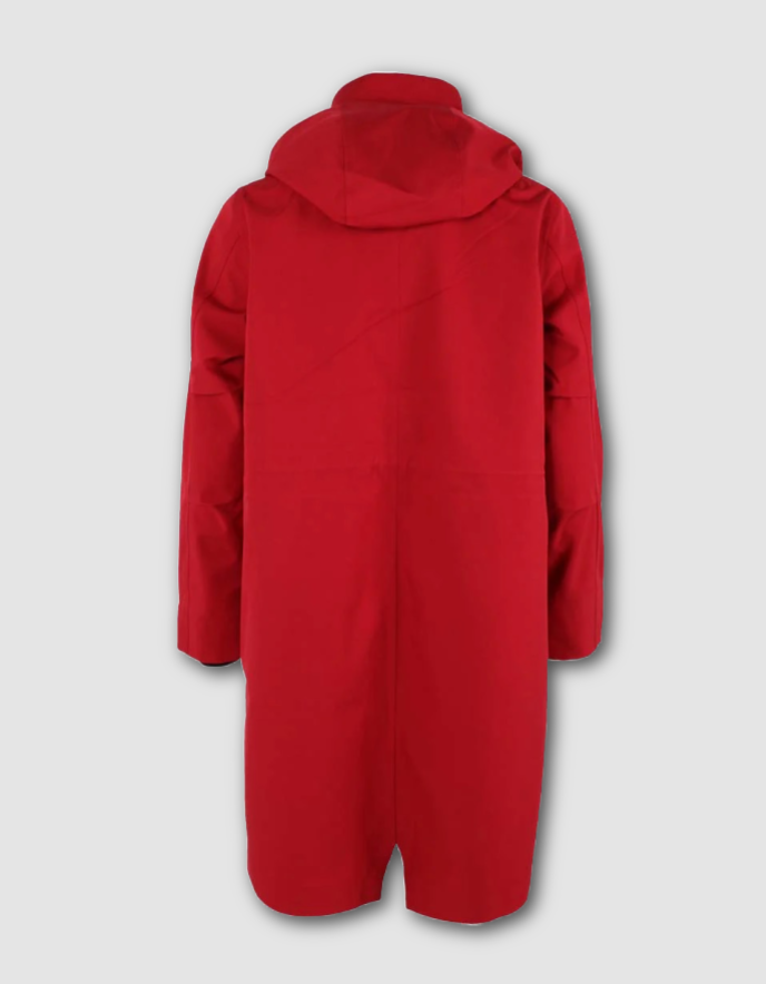 A bright red hooded coat shown from the back, photographed against a light gray studio background.